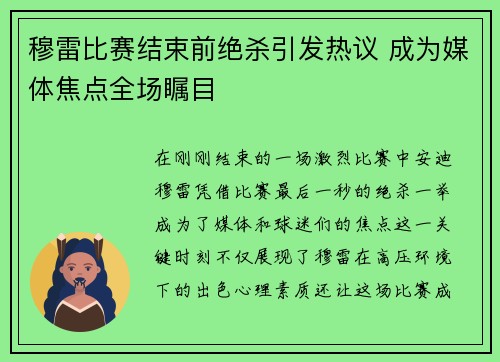 穆雷比赛结束前绝杀引发热议 成为媒体焦点全场瞩目